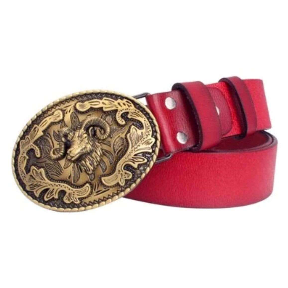 Red leather belt with gold ram buckle.
