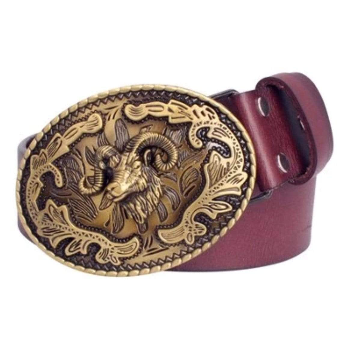 A brown leather belt with an ornate, gold-colored buckle depicting a ram.
