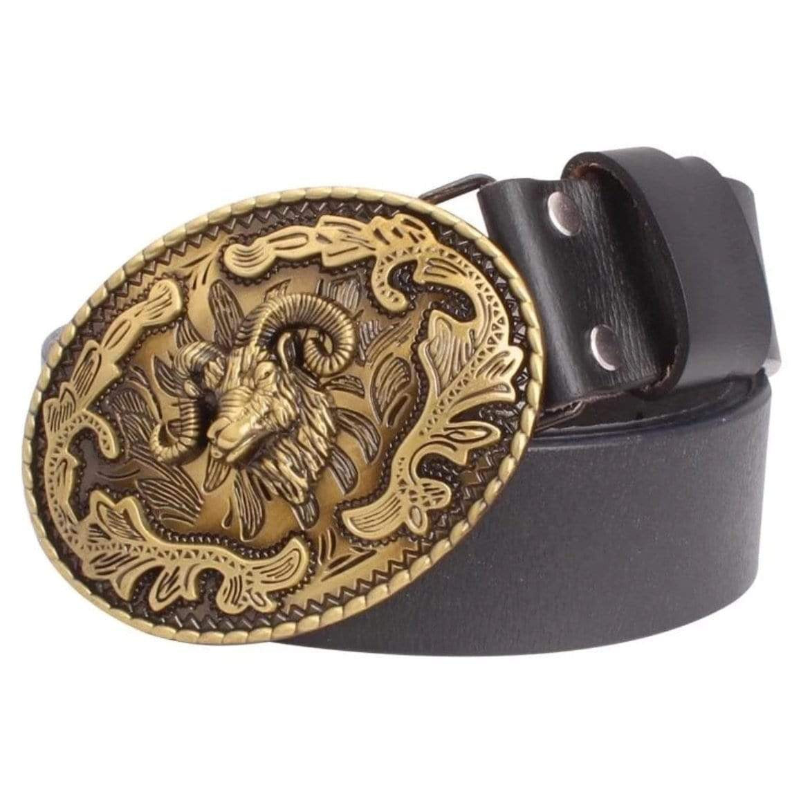 Black leather belt with a brass ram buckle.