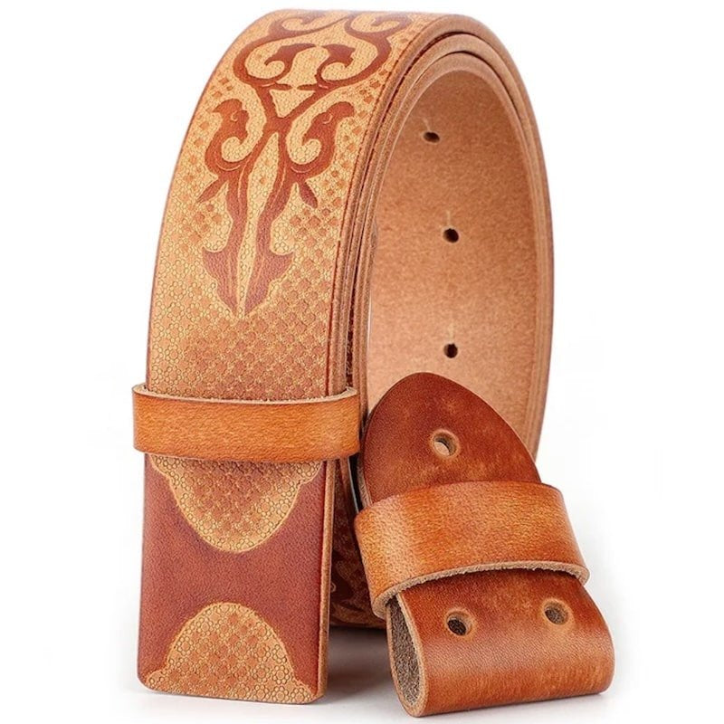 Brown leather belt with patterned design.