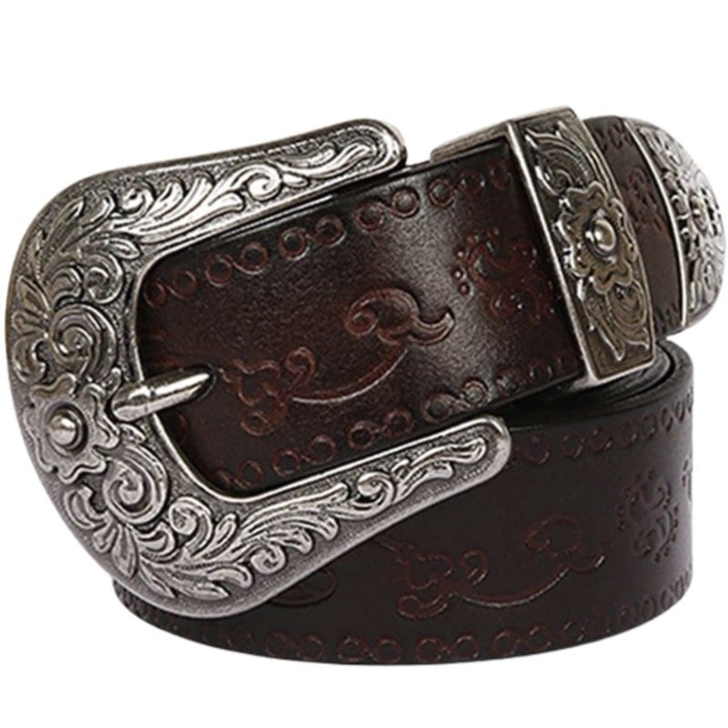Brown leather belt with decorative silver buckle and embellishments.