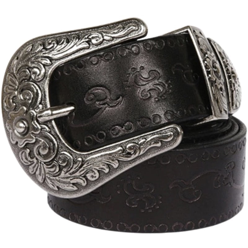 Black leather belt with decorative silver buckle.
