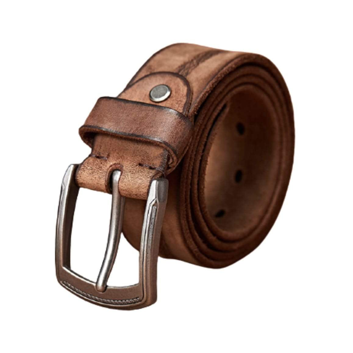Brown leather belt with silver buckle.
