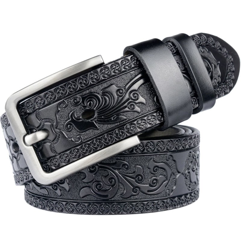 Black leather belt with floral tooling and a silver buckle.