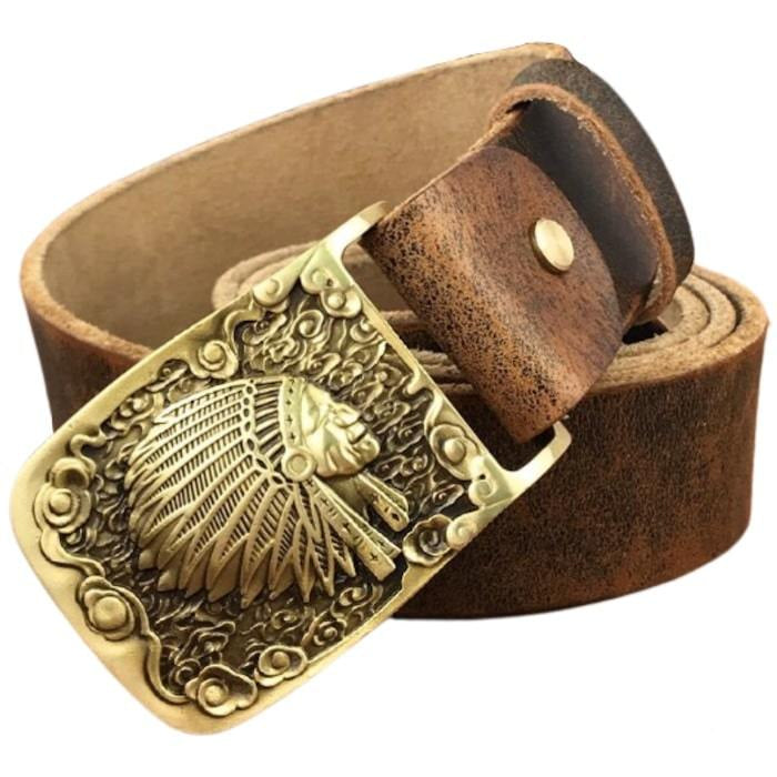 Brown leather belt with a gold buckle featuring a Native American chief.
