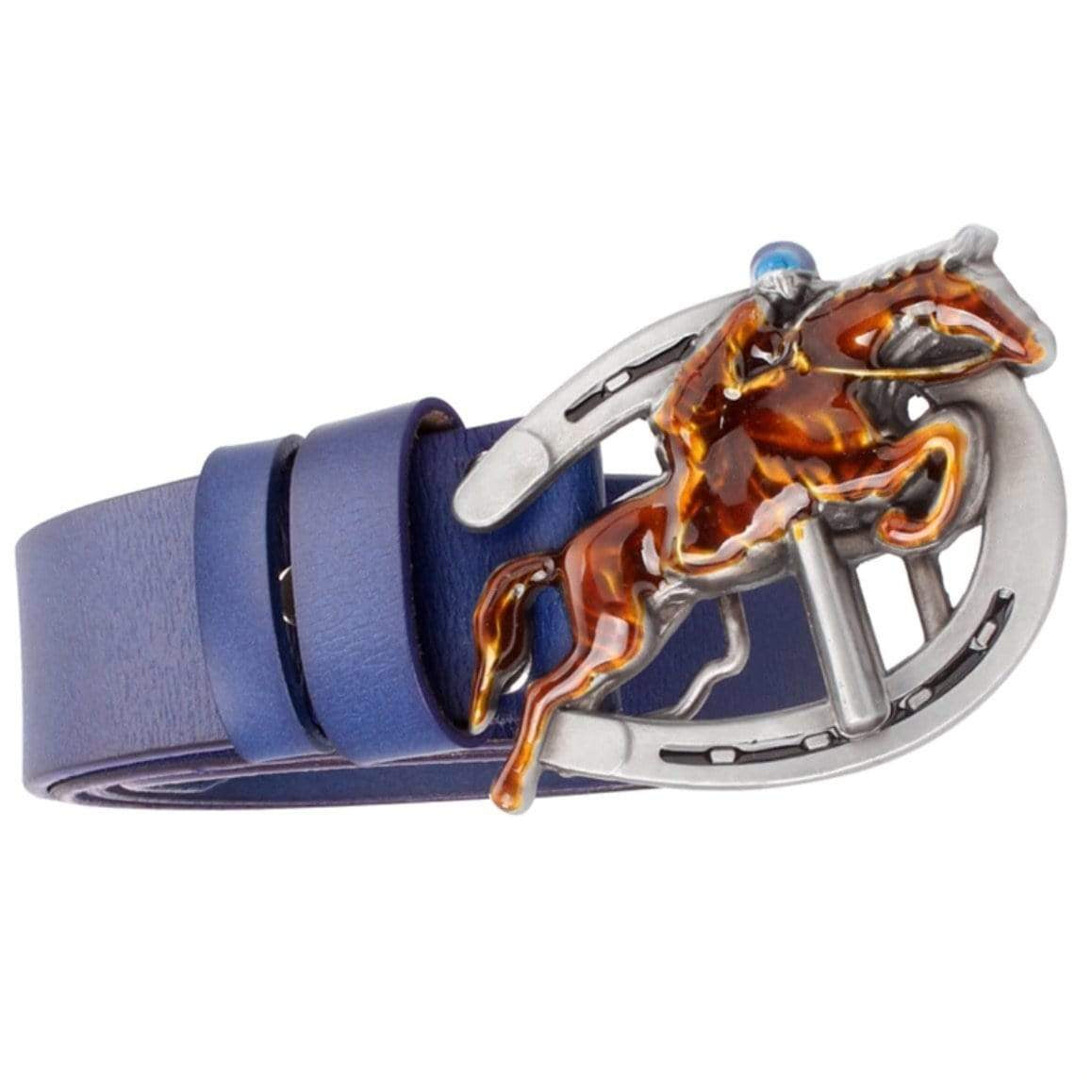 Blue leather belt with horse and horseshoe buckle.
