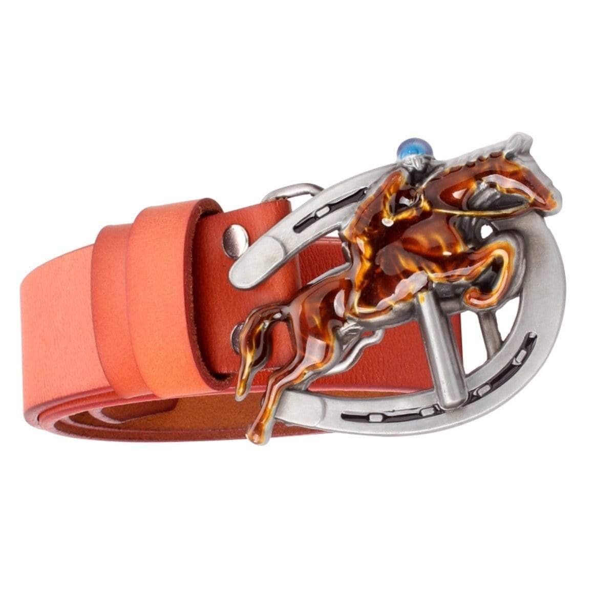 Orange leather belt with a silver horseshoe and horse rider buckle.
