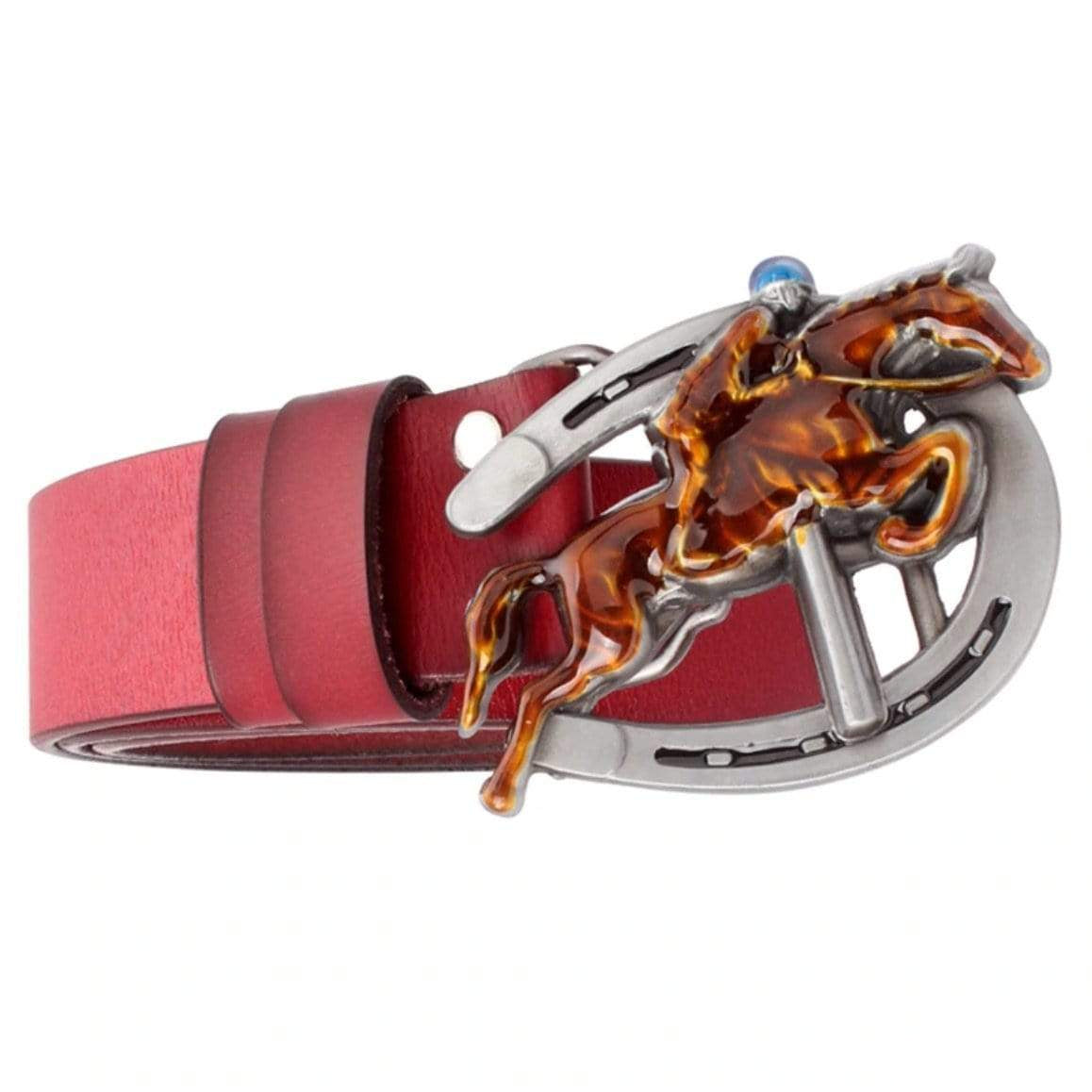Red leather belt with horse and horseshoe buckle.
