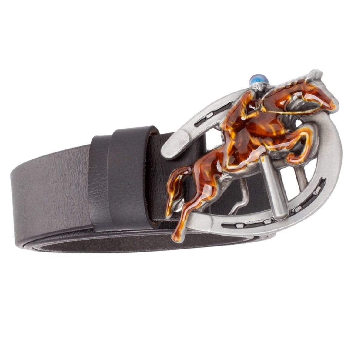 Leather belt with silver horseshoe and horse rider belt buckle.
