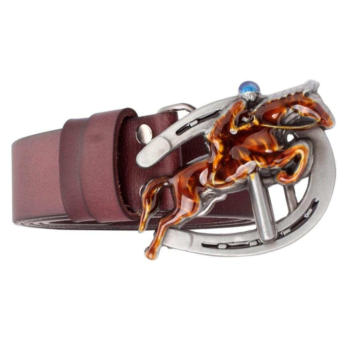 Brown leather belt with horse racing belt buckle.