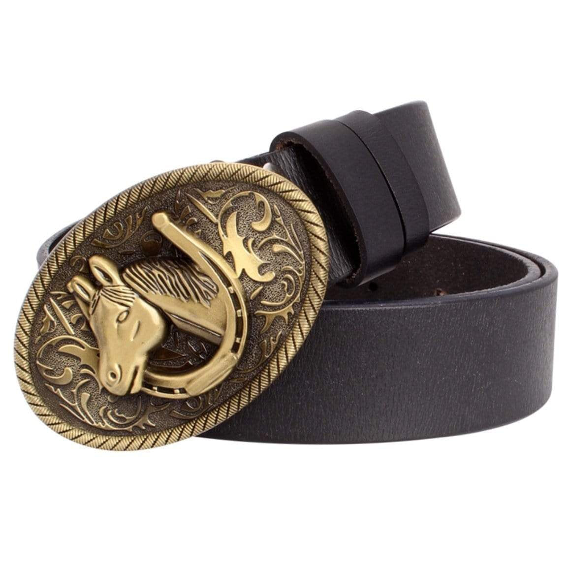Black leather belt with an antique gold-toned oval buckle featuring a horse head and horseshoe design.
