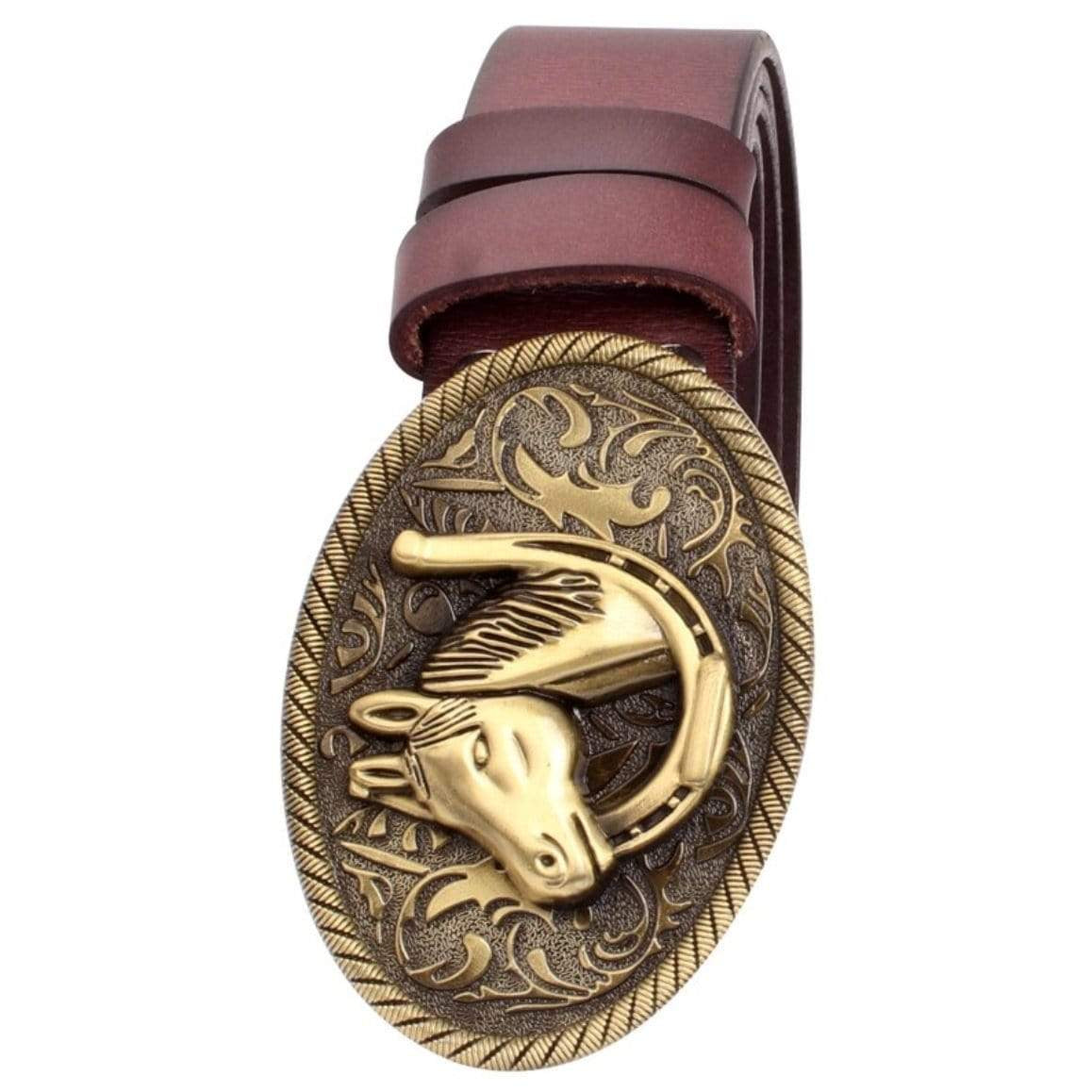 Brown leather belt with an ornate, oval, gold-toned buckle featuring a horse head and horseshoe design.
