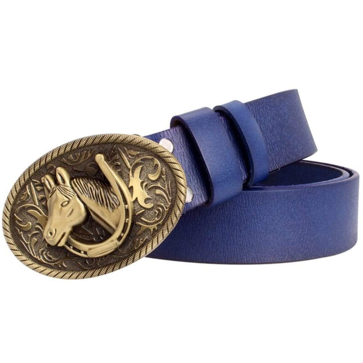 Blue leather belt with an ornate brass buckle featuring a horse head and horseshoe design. 
