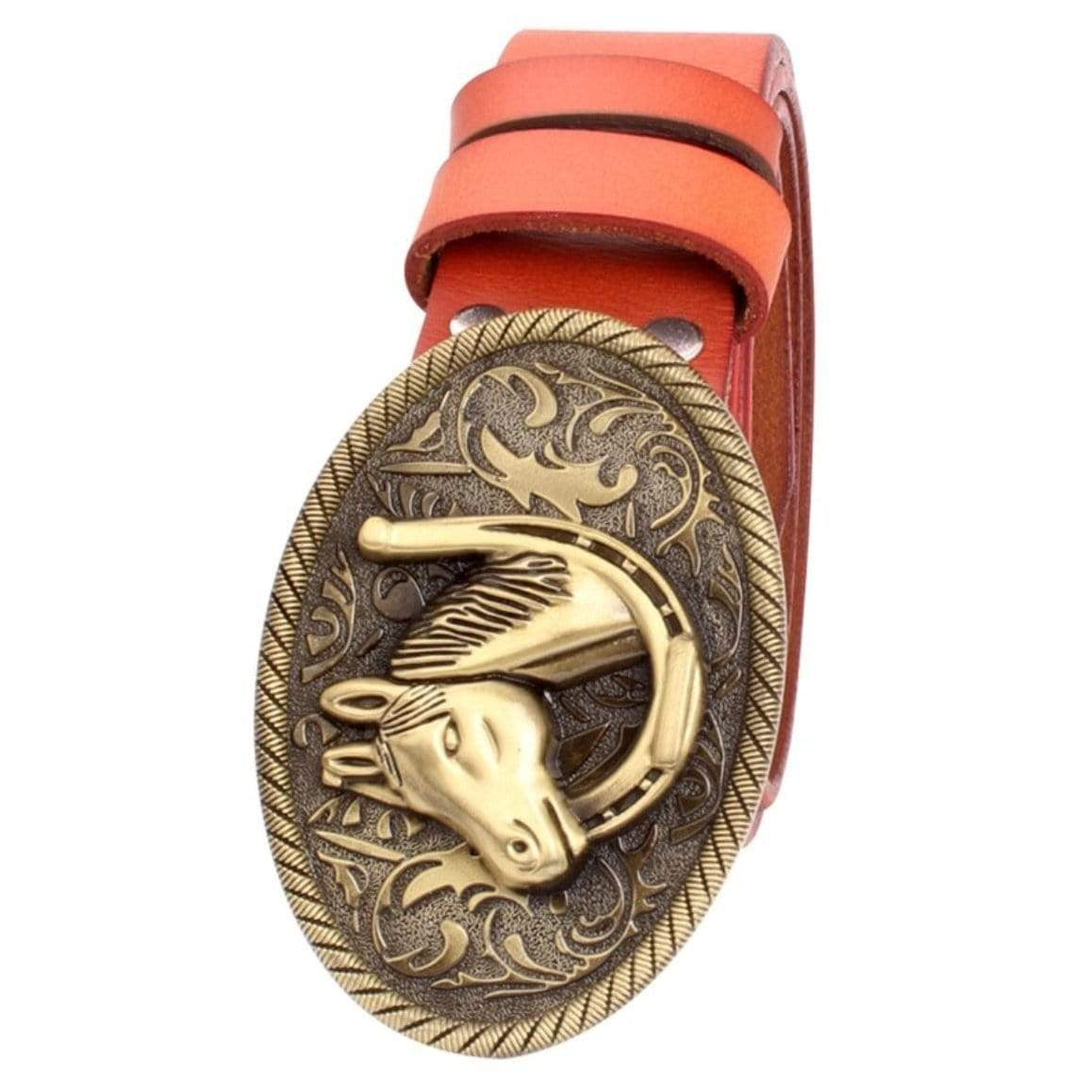 Orange leather belt with ornate horse-shaped buckle.
