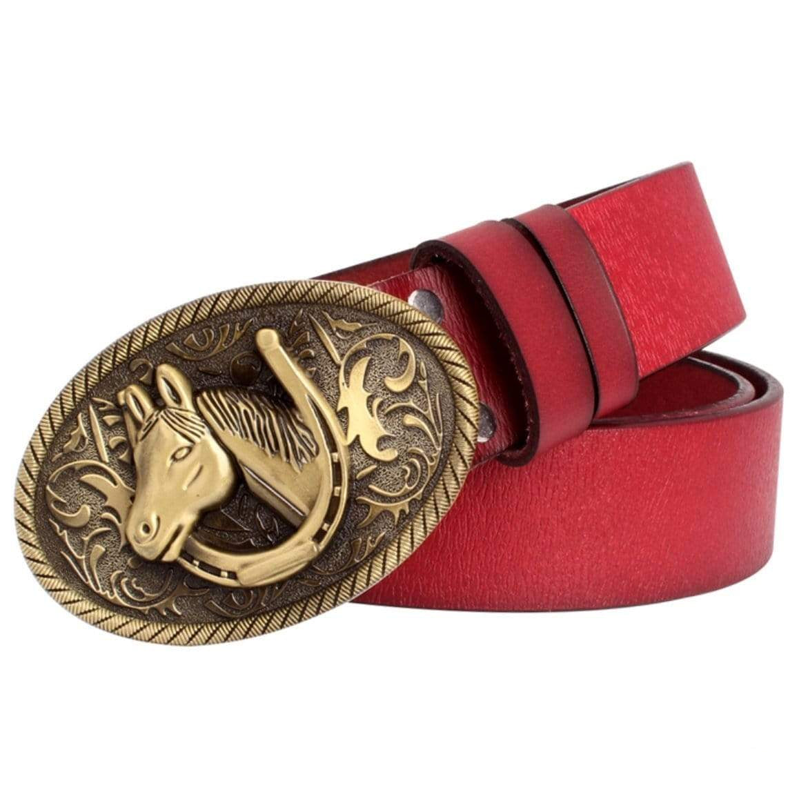 Red leather belt with an ornate gold-toned buckle featuring a horse head and horseshoe.