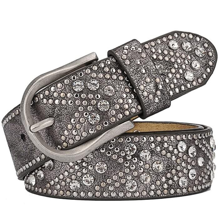 Gray studded leather belt with silver buckle and crystals.