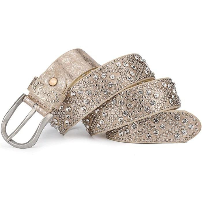 Light brown belt with silver buckle and embedded rhinestones.