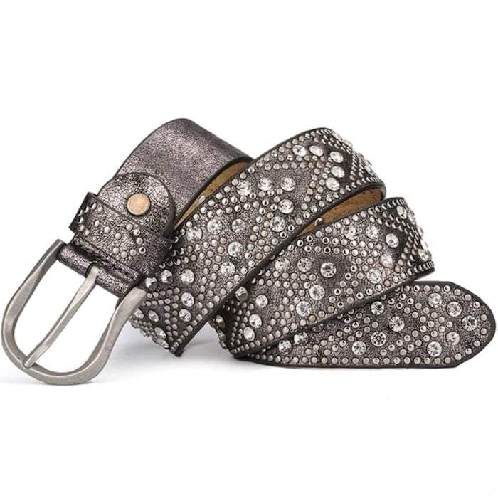 Gray leather belt with clear rhinestones and a silver buckle.