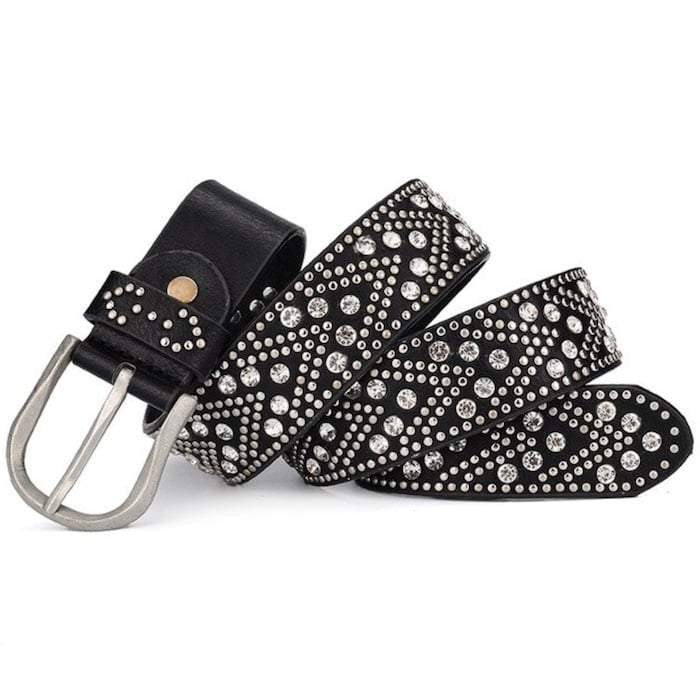 Black rhinestone-studded belt with a silver buckle.
