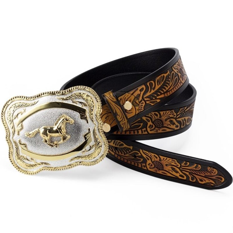 A decorative leather belt with a large silver and gold buckle depicting a horse.
