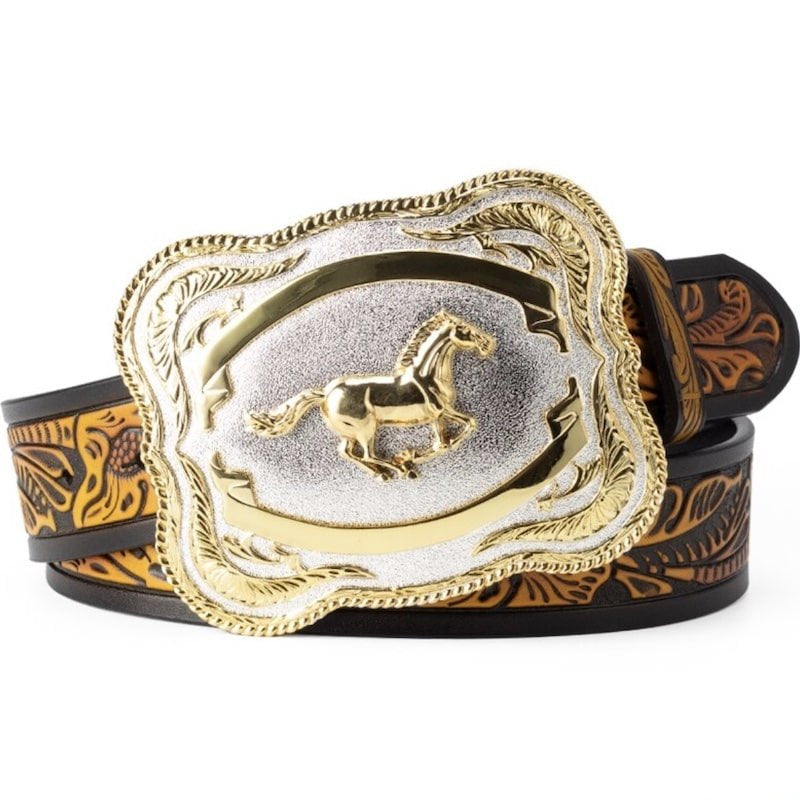 Tooled leather belt with ornate silver and gold buckle featuring a horse.