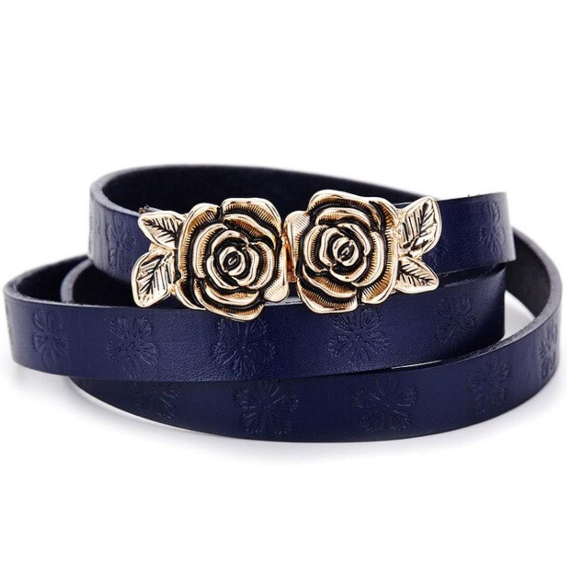 Navy belt with gold rose buckle.