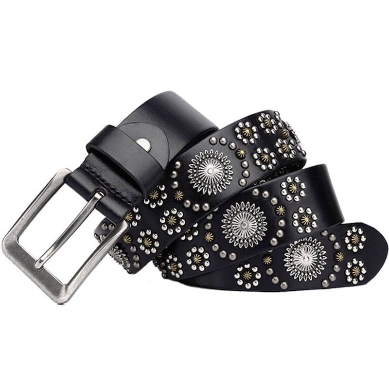 Black leather studded belt with silver buckle.