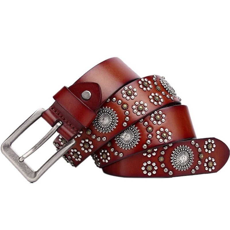 Brown leather belt with silver and gold studs.
