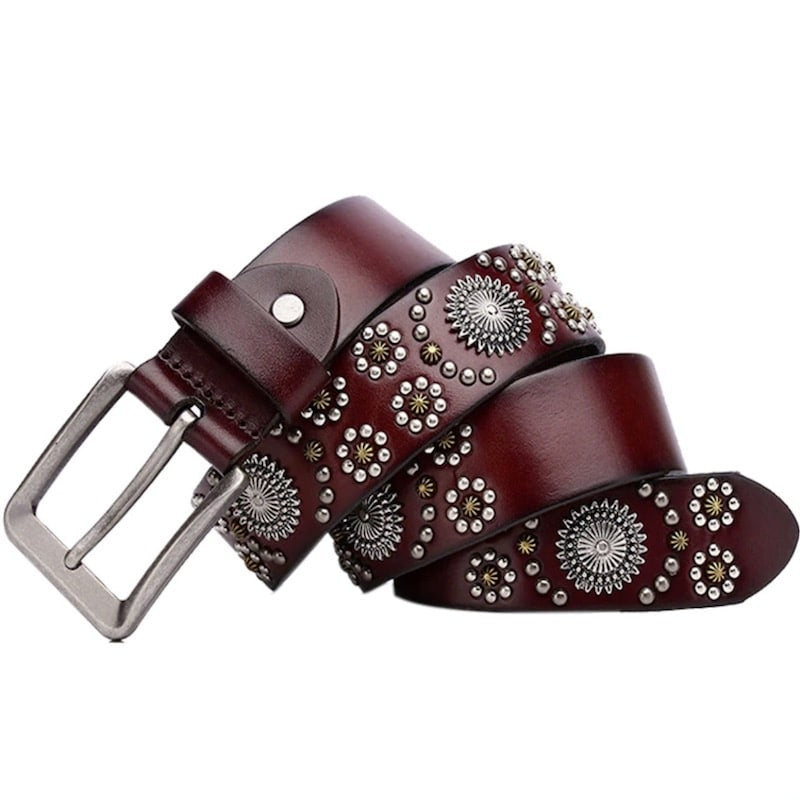 Burgundy leather belt with silver buckle and decorative metal embellishments.
