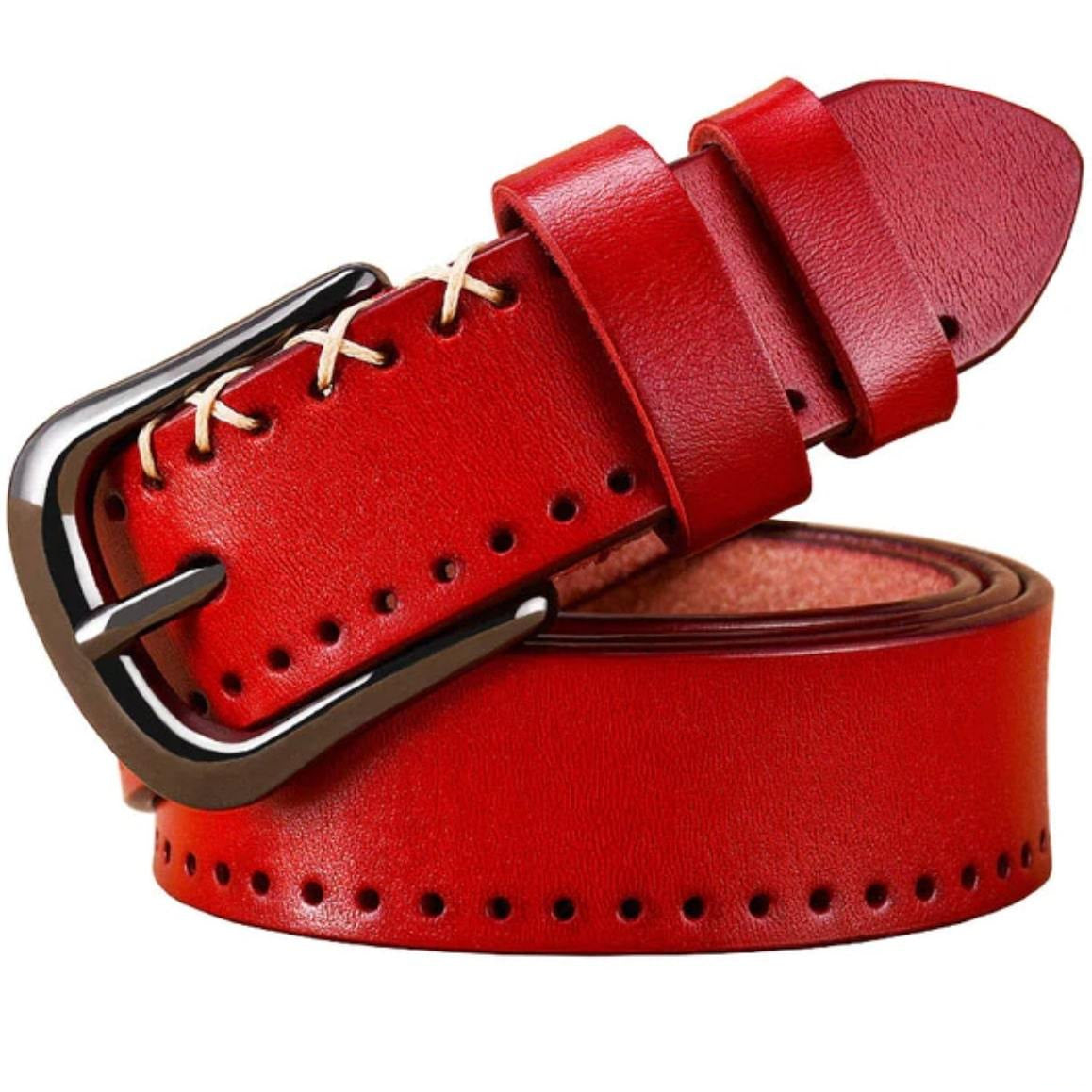 Red leather belt with metal buckle and white thread detail.
