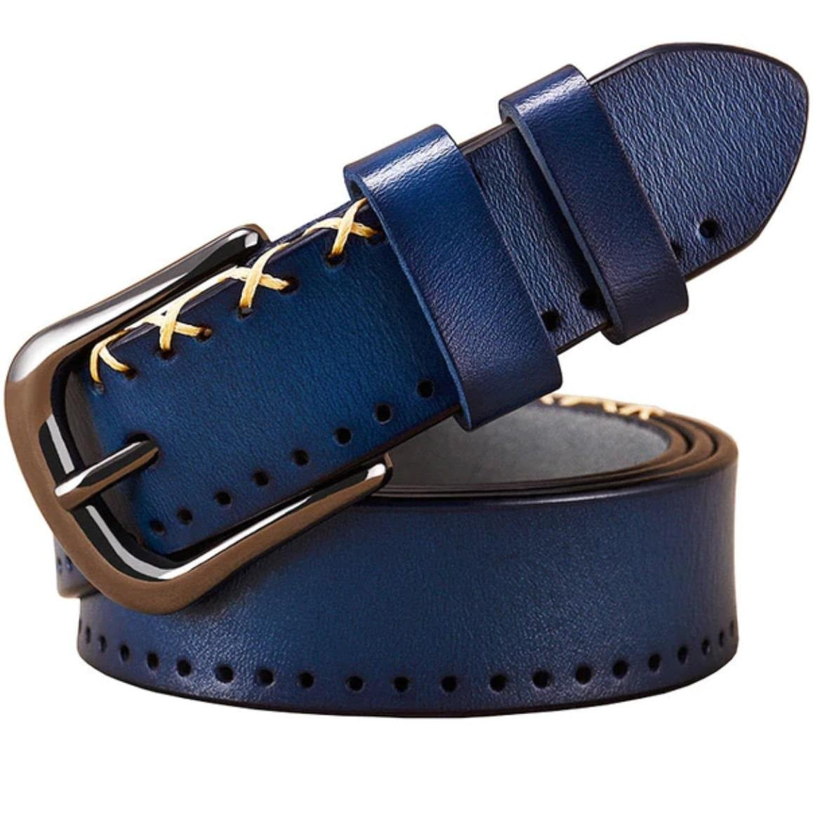 Blue leather belt with gold stitching and silver buckle.
