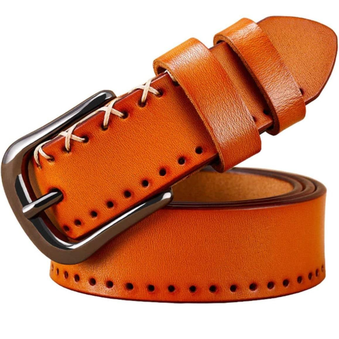 Orange leather belt with silver buckle.