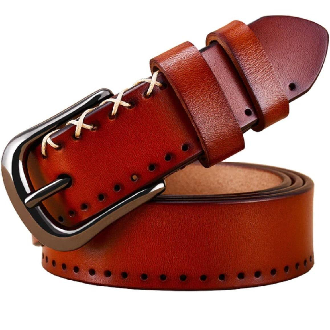 Brown leather belt with silver buckle and white stitching.
