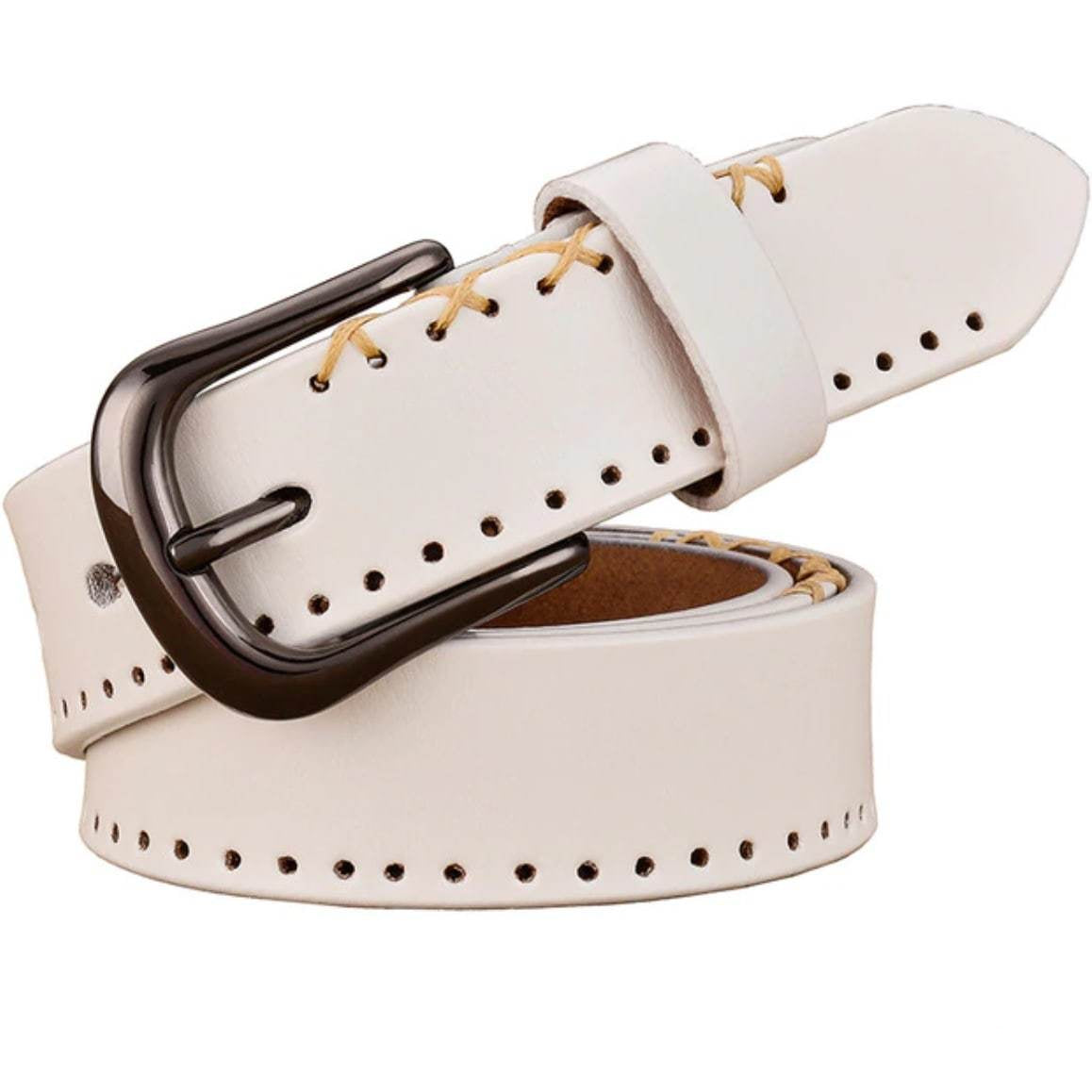 White leather belt with black buckle and decorative stitching.
