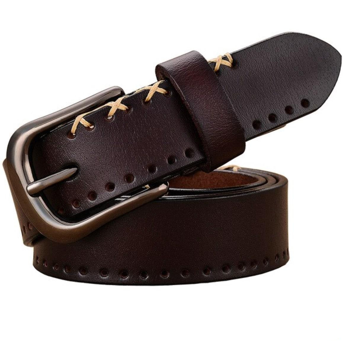 Close-up of a brown leather belt with a metal buckle and cream-colored stitching.