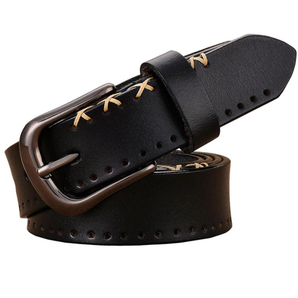 Black leather belt with rustic stitching.

