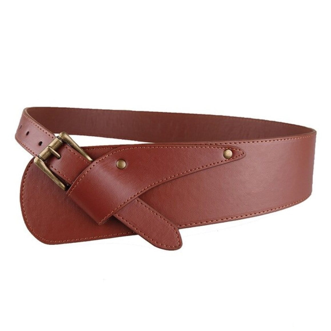 A brown leather corset belt with a bronze-colored buckle.