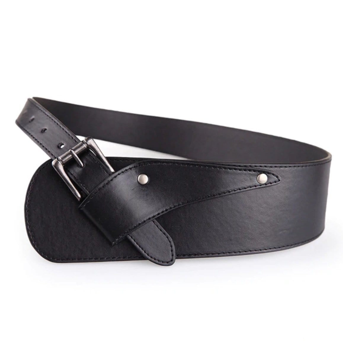 Black leather corset belt with silver buckle.
