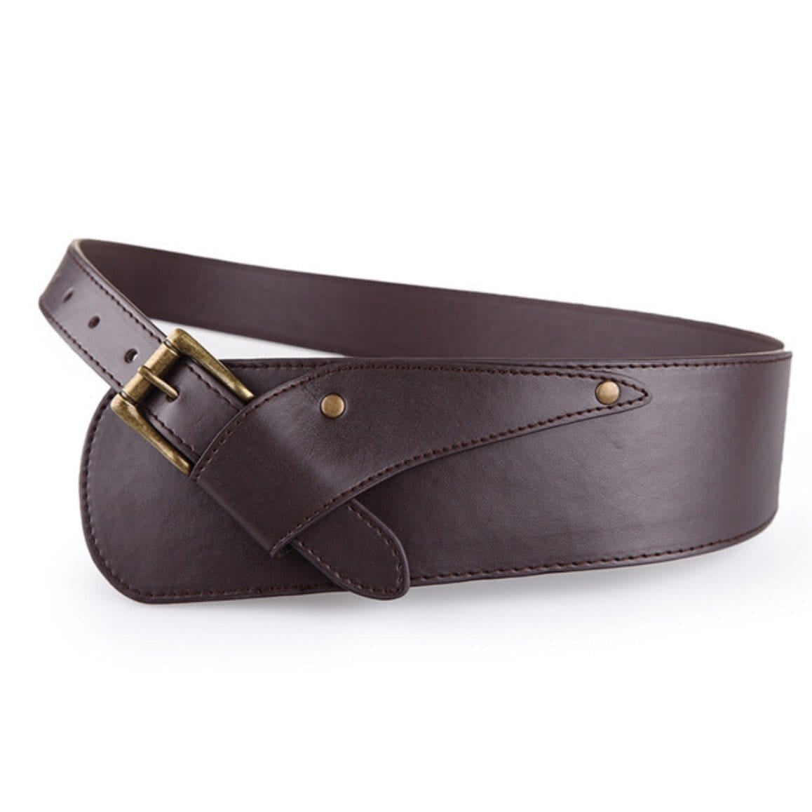 Brown leather corset belt with gold buckle.