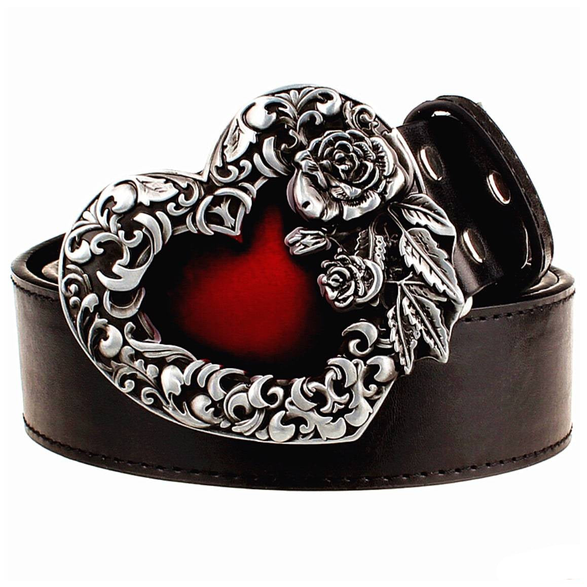 Black leather belt with a silver heart-shaped buckle featuring a red heart design and floral accents. 

