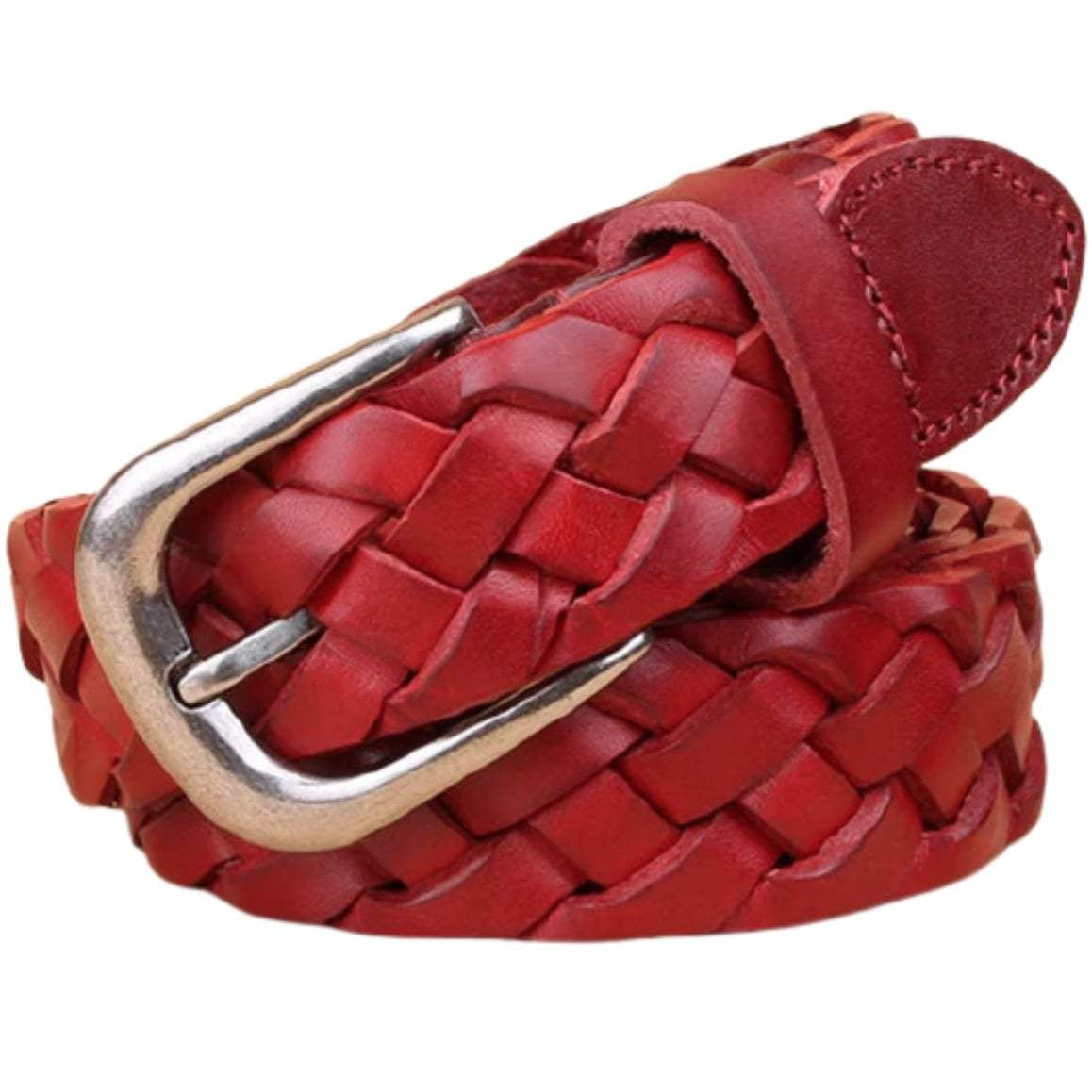 Red leather braided belt with a silver buckle.
