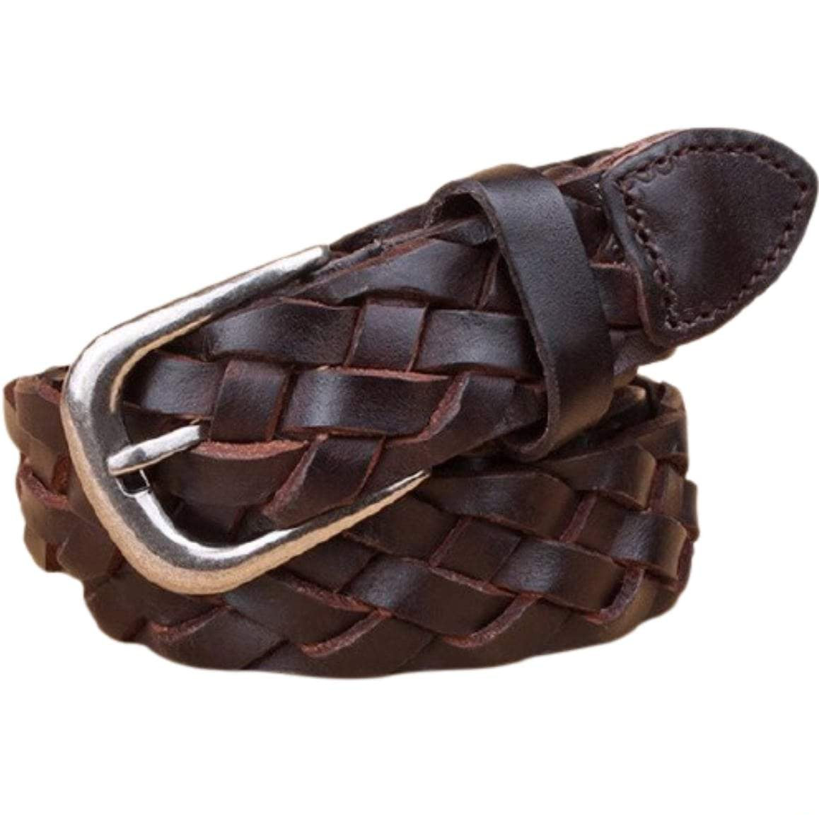 Brown leather woven belt with silver buckle.