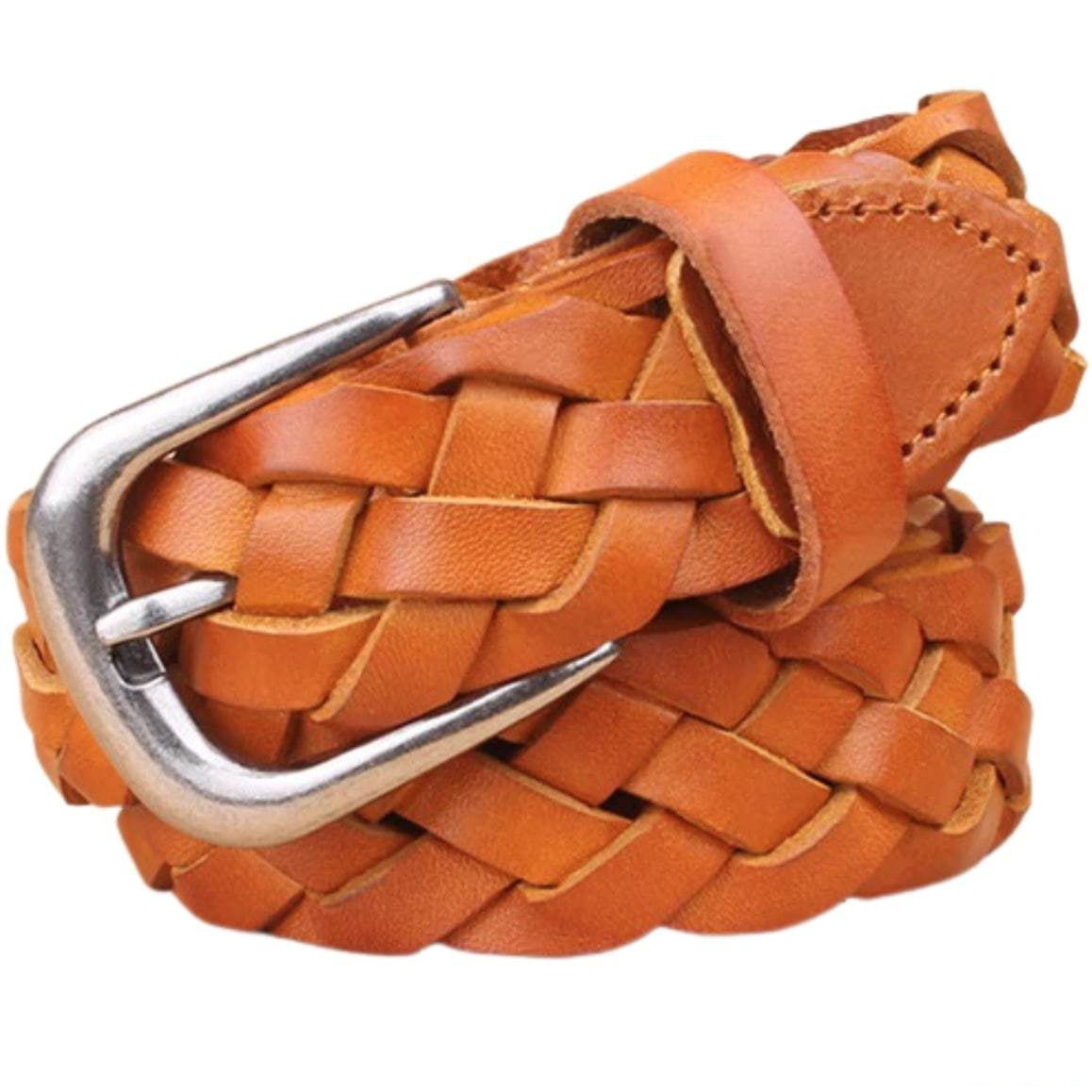 Brown woven leather belt with silver buckle.
