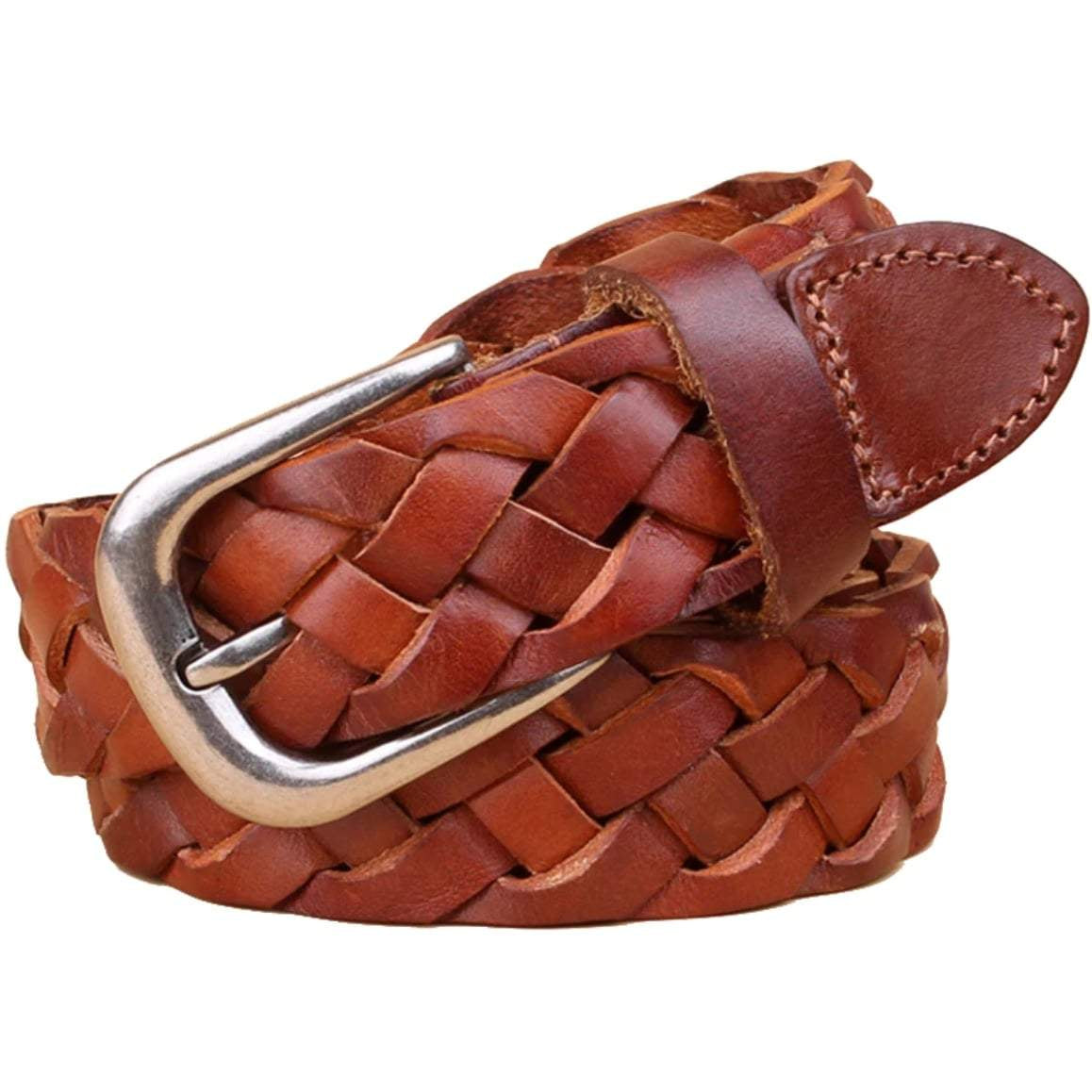 Braided brown leather belt with silver buckle.