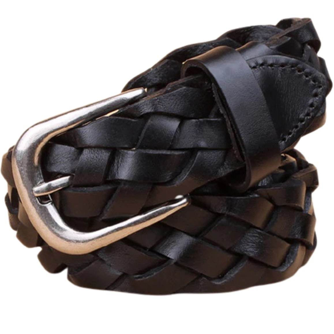Black leather braided belt with silver buckle.