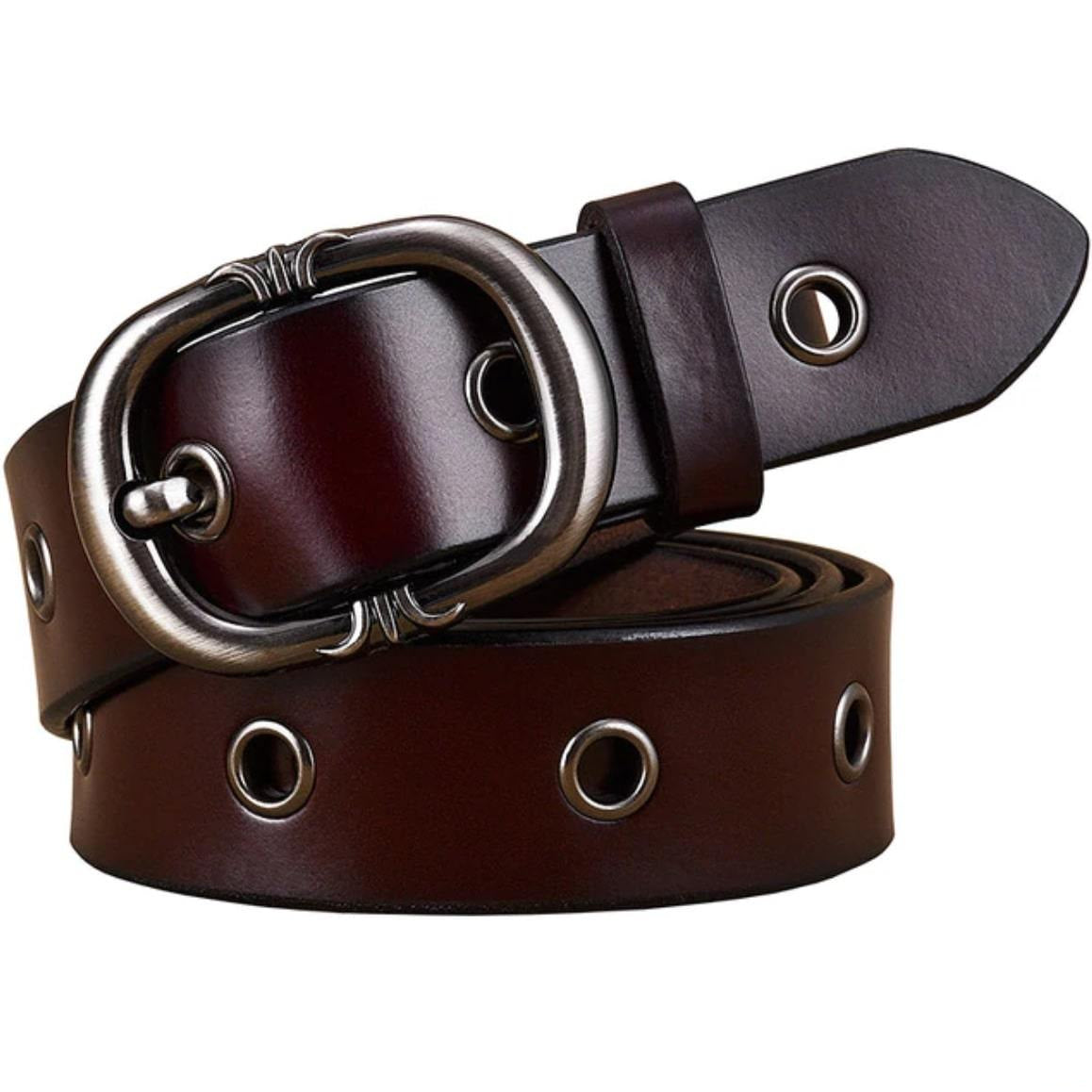 A brown leather belt with silver buckle and grommets.
