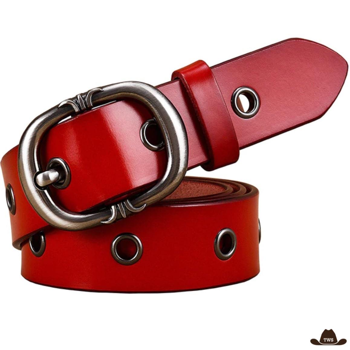Red leather belt with a silver buckle.