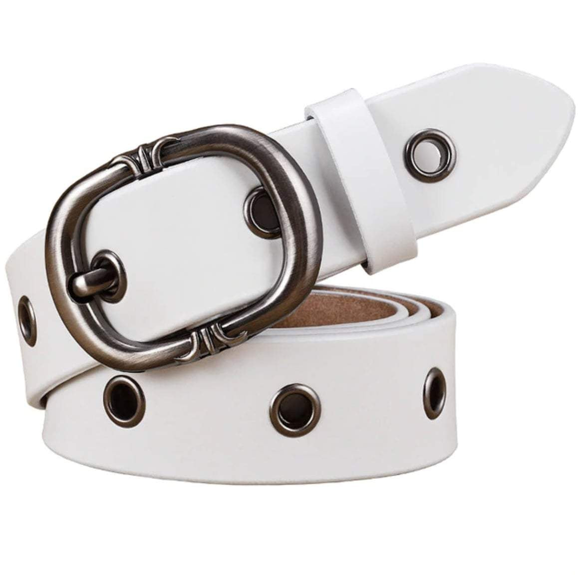 White belt with silver buckle and grommets.
