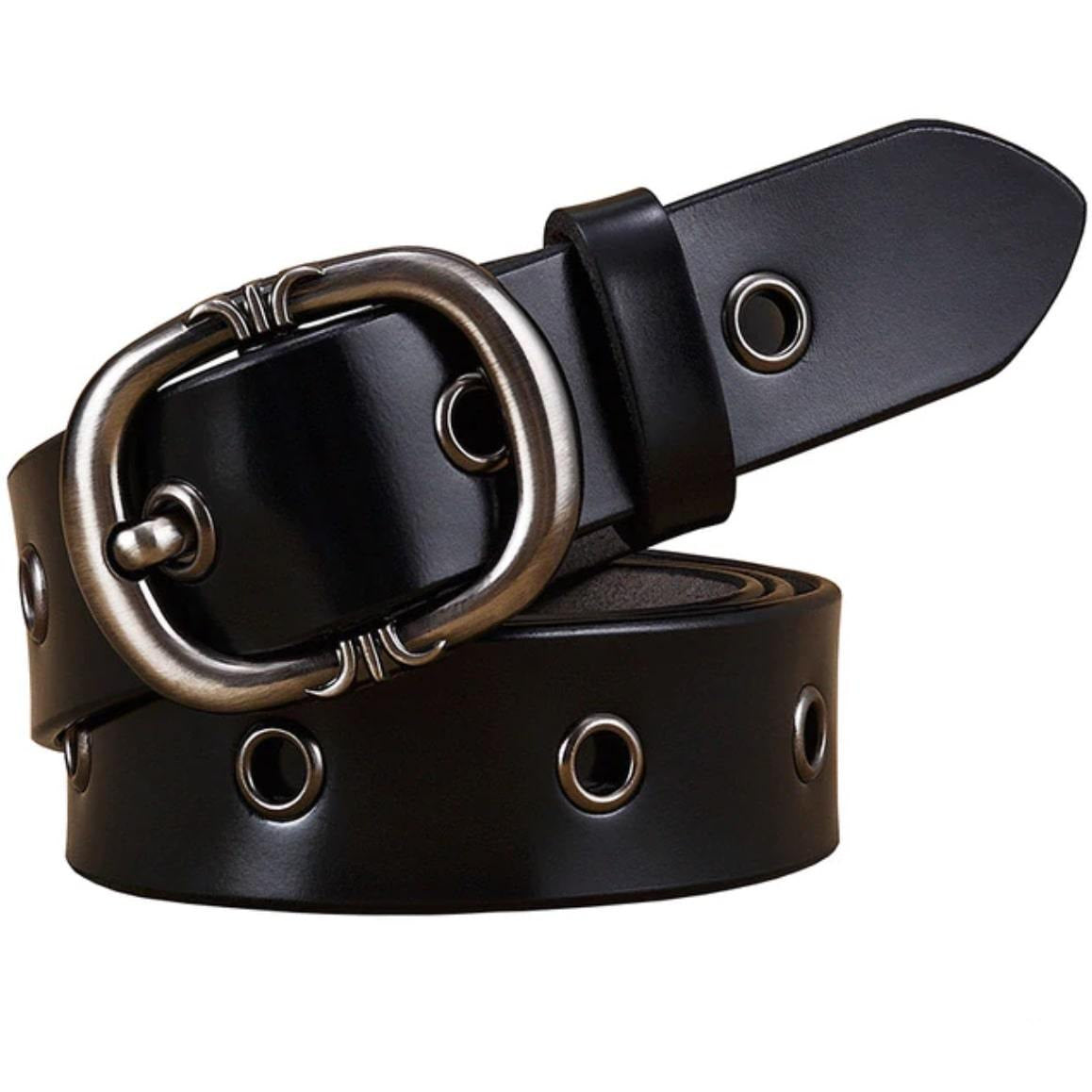 Black leather belt with silver buckle and grommets.
