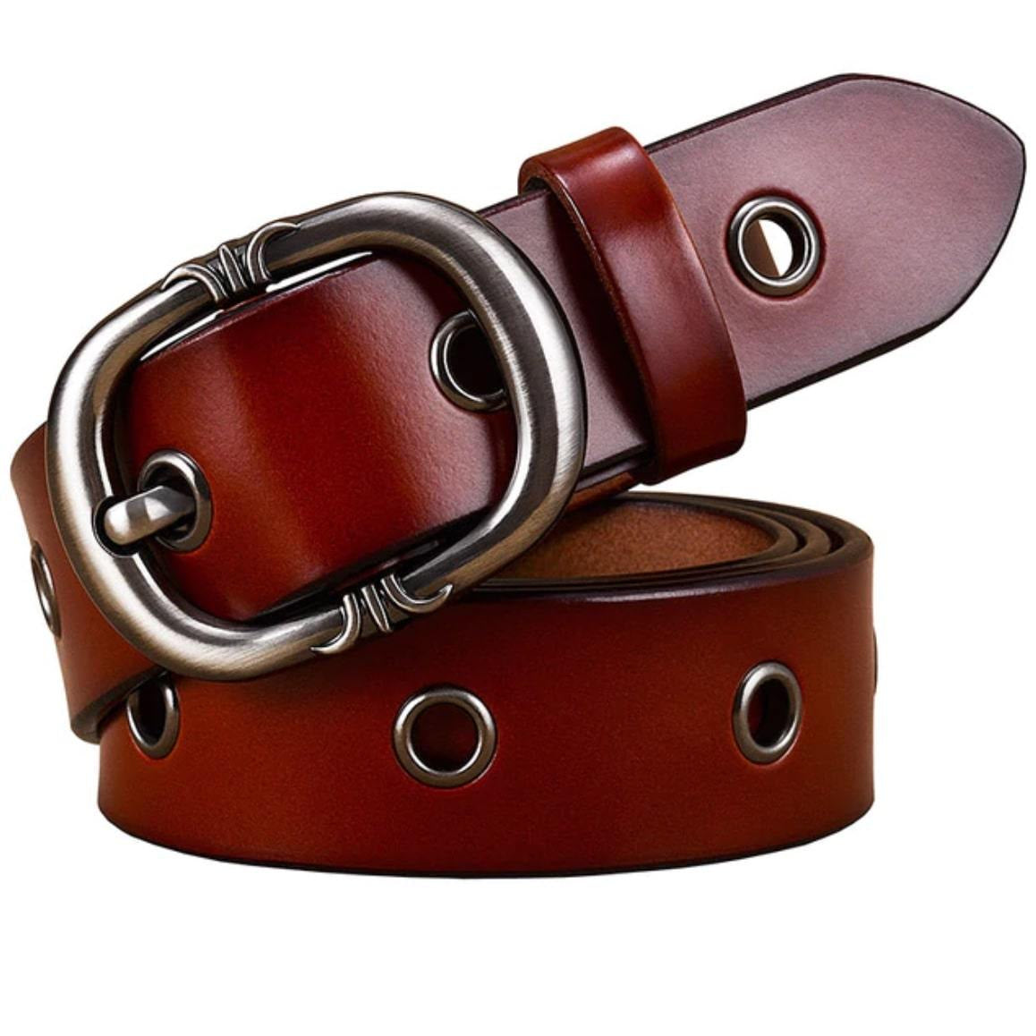 A brown leather belt with a silver buckle.